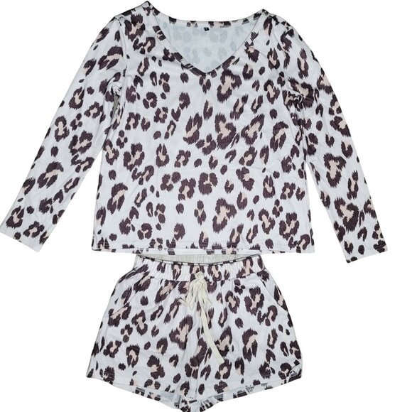 Women's Leopard Print Pajama Set - V-Neck Long Sleeve Top & Drawstring Shorts S - Picture 8 of 8